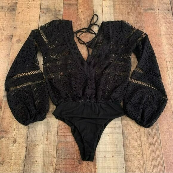 Blue blush black crochet bohemian bodysuit with back tie closure - S - Picture 1 of 9